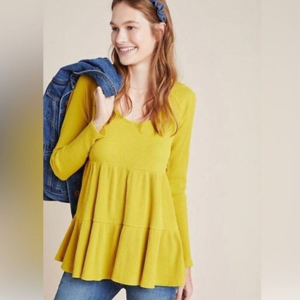 Anthro Maeve Mustard Yellow Waffle Knit Babydoll Tiered Top S Bohemian Cottage
